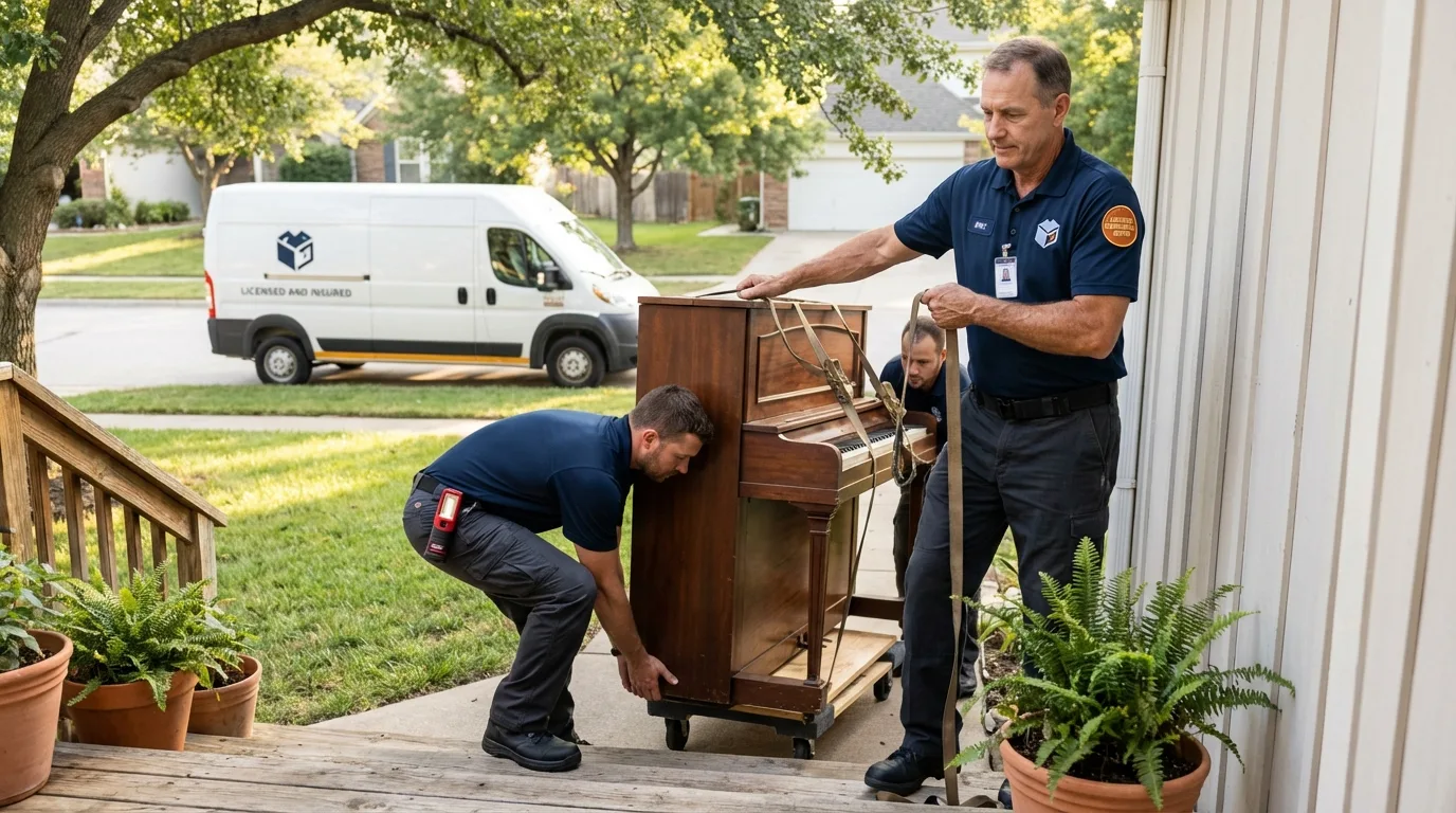 Licensed piano movers securing grand piano in Newport, OH