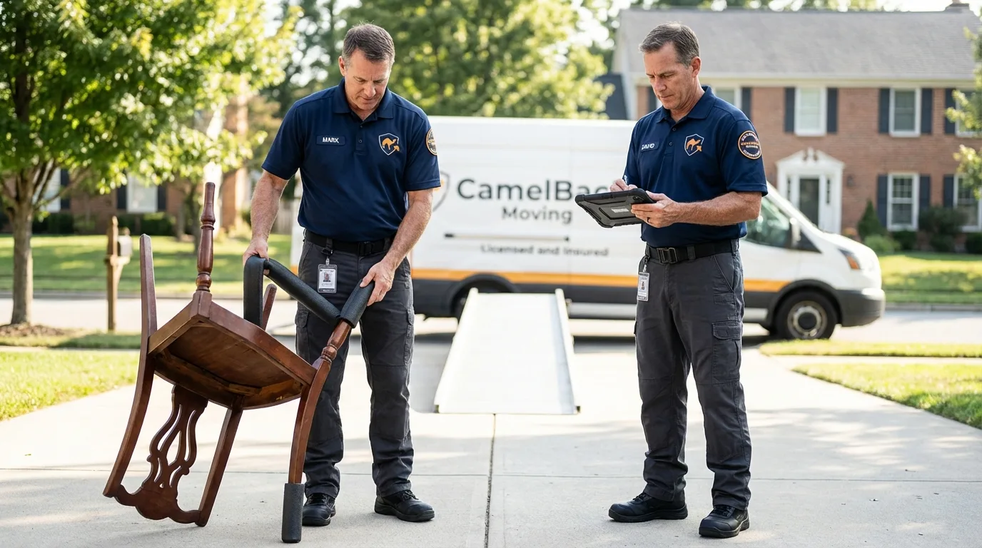 Movers inspecting furniture for damage prevention before loading in Newport, OH