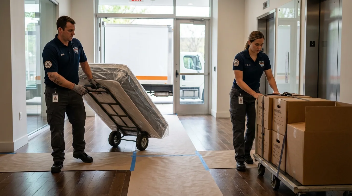 Professional apartment movers loading elevator in Newport, OH