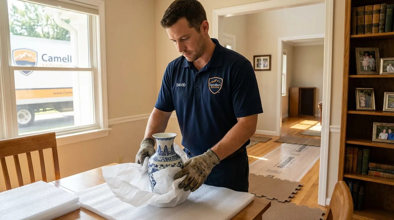 Professional crew carefully wrapping antique vase for senior downsizing move in Newport, OH